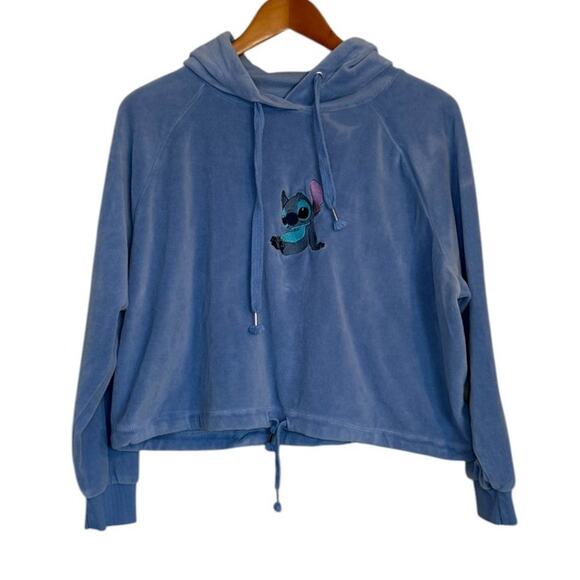 Disney Stitch Hoodie Sweatshirt Women Large Blue Velour Crop 626 Lilo‎ Hawaii - Picture 1 of 7